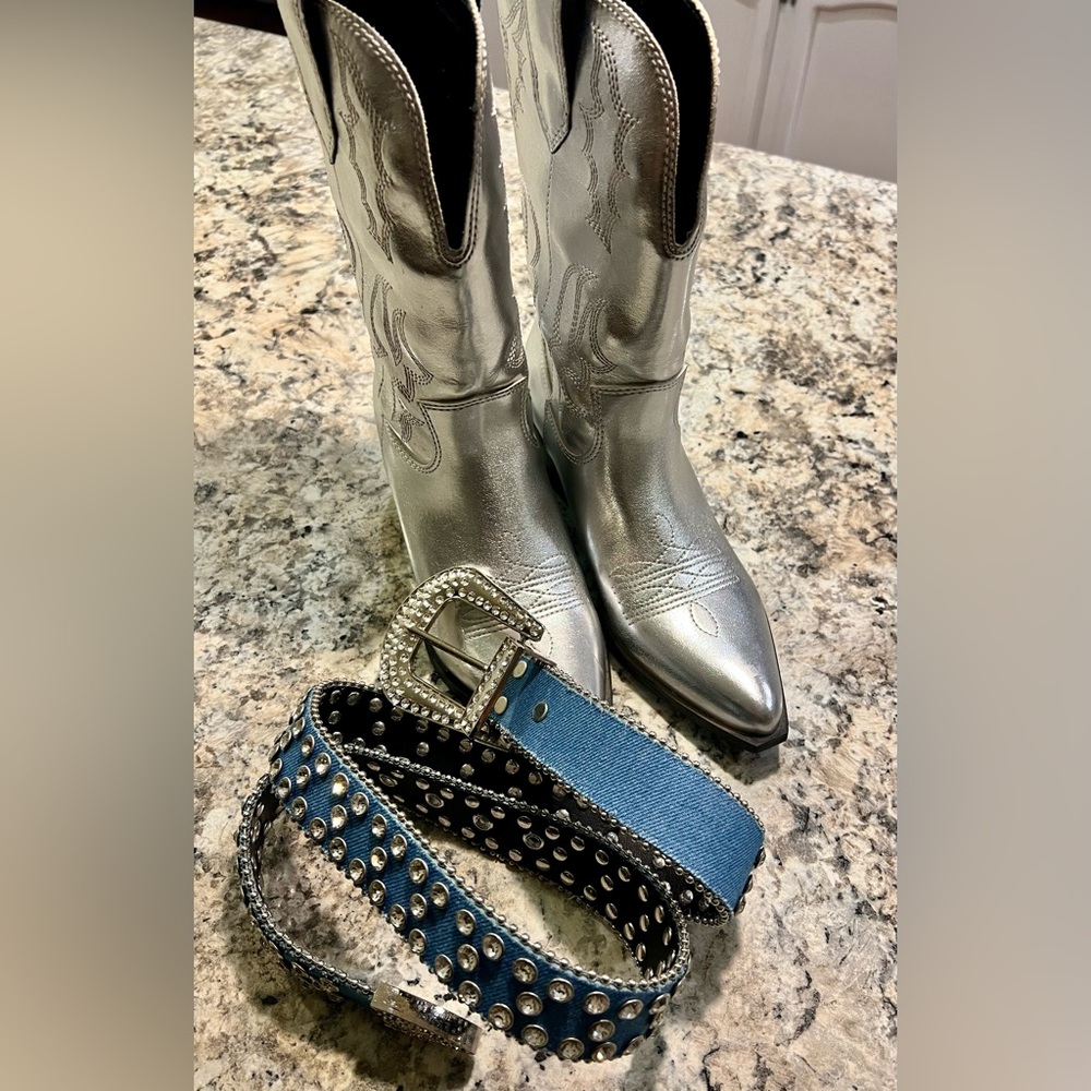Silver Cowboy Boots and Studded Belt